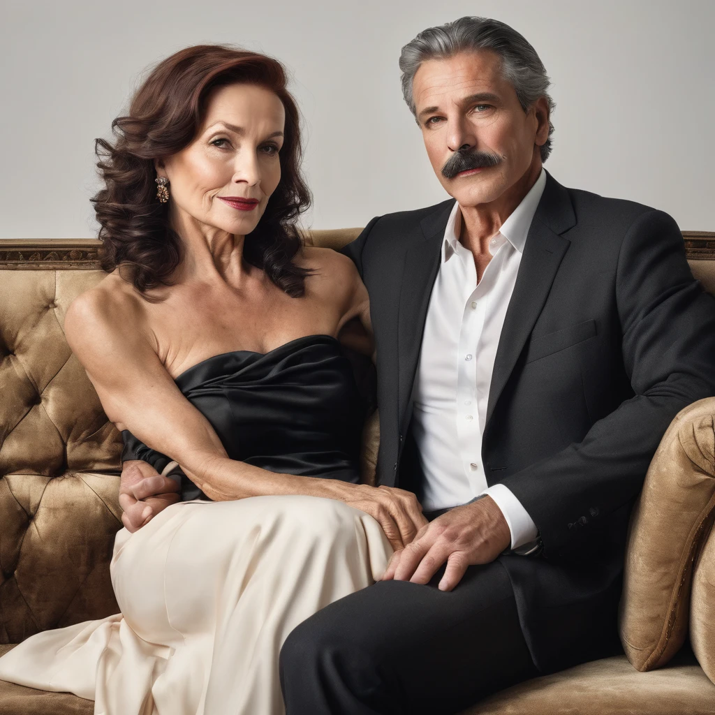 The man in his 50s with black very short hair and smooth face with moustache. The woman in her 60s with brown long wavy hair. The man is dressed in a black suit. The woman is wearing black strapless dress. The man and the woman are sitting on sofa with legs crossed. Hugging. White background. Studio. Posing for magazine cover. HDR. UHD. Cinematic.