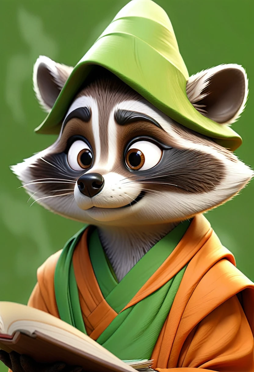 masterpiece, best quality, an anthropomorphic raccoon wearing a Buddhist monk robes and looking like a teacher, surprising face, complete green background, drawn by pencil, digital art, art by Hiromu Arakawa, Osamu Tezuka, 8 k, beautiful drawing, highly detailed, concept art, sharp focus, ultra realistic illustration, anime++