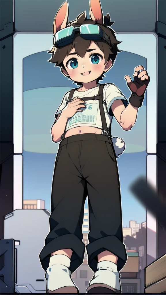 ((A young boy)),(Youthful feeling),Bib sweatpants,Goggles,Fingerless gloves,Cotton socks,Short sleeve,stand up,happy,Rabbit ears