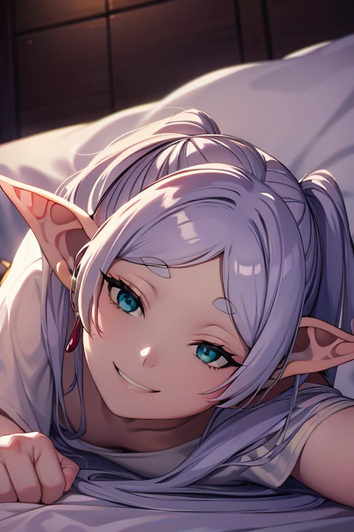 Lying on your back in bed, with transparent white shirt, mischievous grin , elf ears 