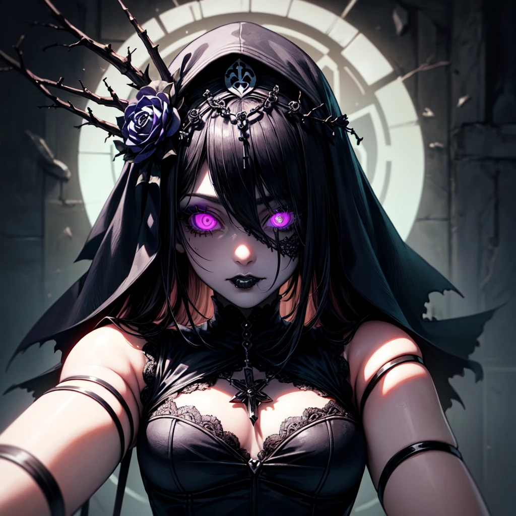 ((ultra detailed)), ((illustration)), (Beautiful detailed eyes), Beautiful, amazing, detailed eyes, (((masterpiece))), (realistic:0.5), Best quality, Female, One_Focus, ,insanevoid, Brilliant eyes, extra eyes, horror \(topic\),doll joints, ((lifeless eyes)), ((goth nun)), ((Gothic, emo)), ((crazy eyes)), (insane:1.3), ((jointed doll)), ((pale white skin)), ((gothic makeup)), ((straight posture)), ((gothic flower crown)), (thorns), (rosary from the effects of genshin), ((straight black hair)), ((black veil)), ((doll eyes)), (close-up)