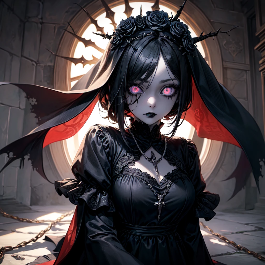 ((ultra detailed)), ((illustration)), (Beautiful detailed eyes), Beautiful, amazing, detailed eyes, (((masterpiece))), (realistic:0.5), Best quality, Female, One_Focus, ,insanevoid, Brilliant eyes, extra eyes, horror \(topic\),doll joints, ((lifeless eyes)), ((goth nun)), ((Gothic, emo)), ((crazy eyes)), (insane:1.3), ((jointed doll)), ((pale white skin)), ((gothic makeup)), ((straight posture)), ((gothic flower crown)), (thorns), (rosary from the effects of genshin), ((straight black hair)), ((black veil)), ((doll eyes)), (close-up)