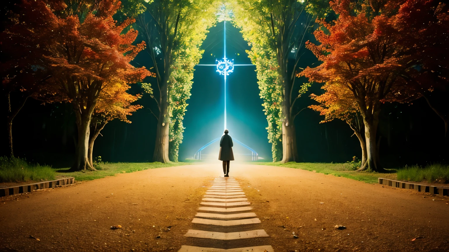 ((best quality)), ((masterpiece)), (detailed), A person standing at a crossroads, with paths leading to different spiritual symbols, representing choices and transformation