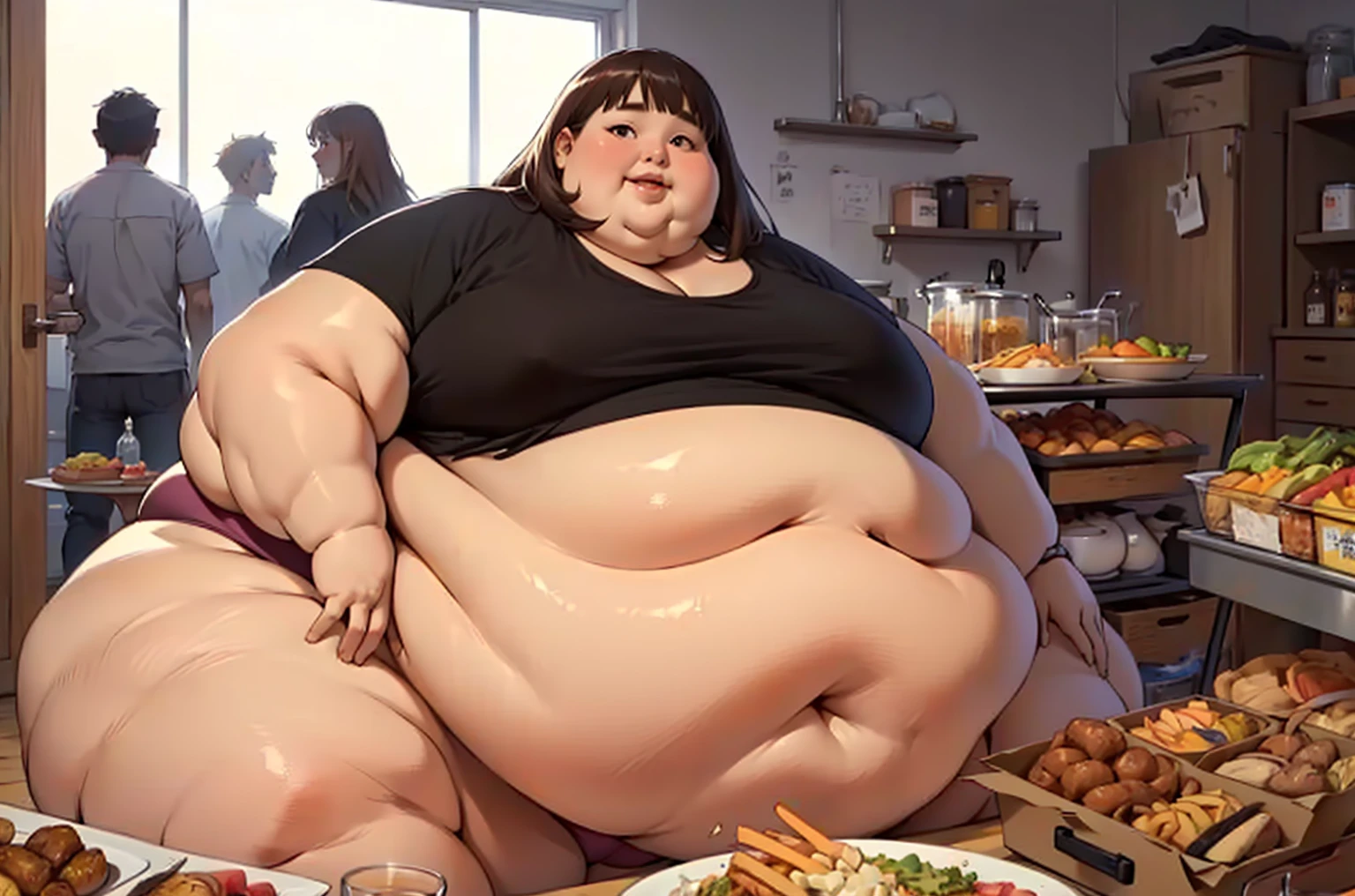 (masterpiece, detailed, realistic:1.2), korean woman, young, ager, USSBBW, (morbidly obese, fatblob:1.3), (detailed face, beautiful face:1.2), high aesthetic, eating junk food, panties, surrounded by concerned friends, restauraunt