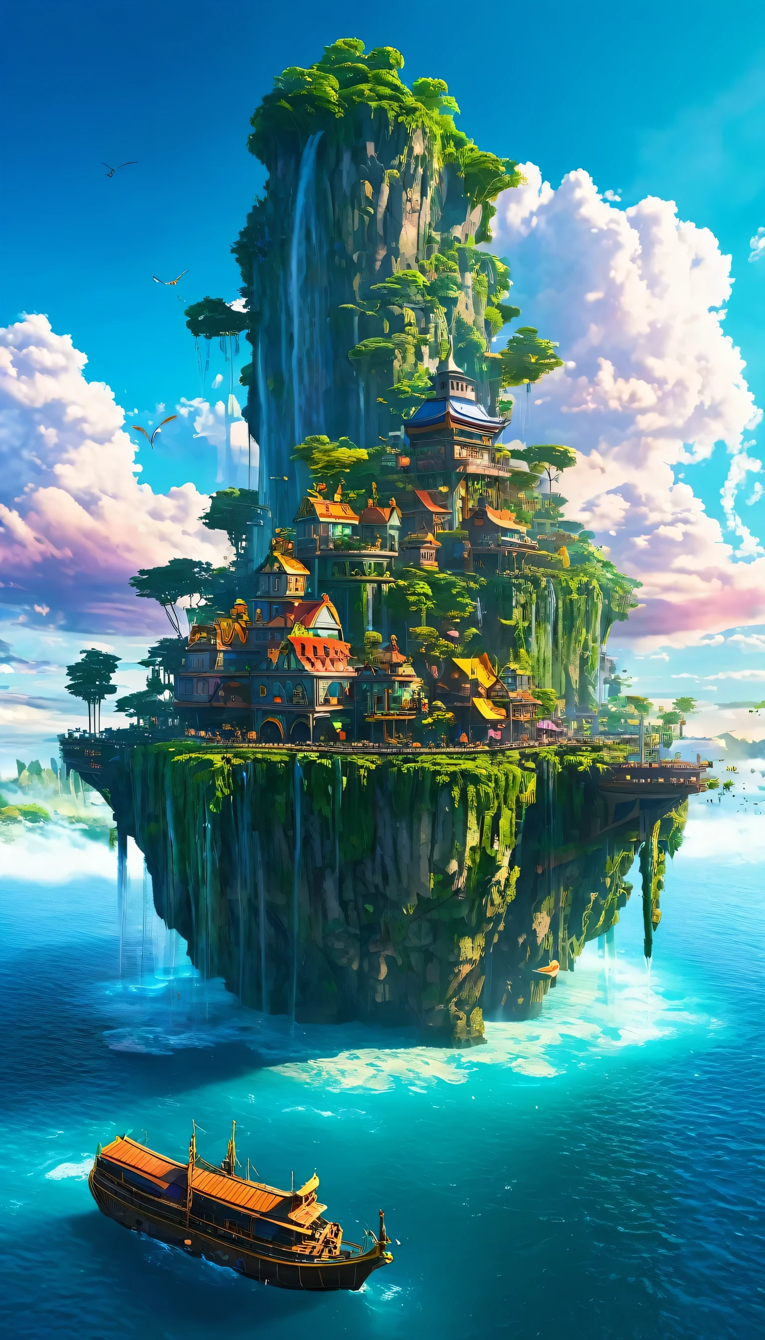 artwork, highest quality, Better Quality, Island, Waterfall cascading down from the centre of the island, Fantasy World, Magnificent panorama, Multicolored clouds, Flashy colors, there's floating city around it , many wooden big ship wandering around it ,
