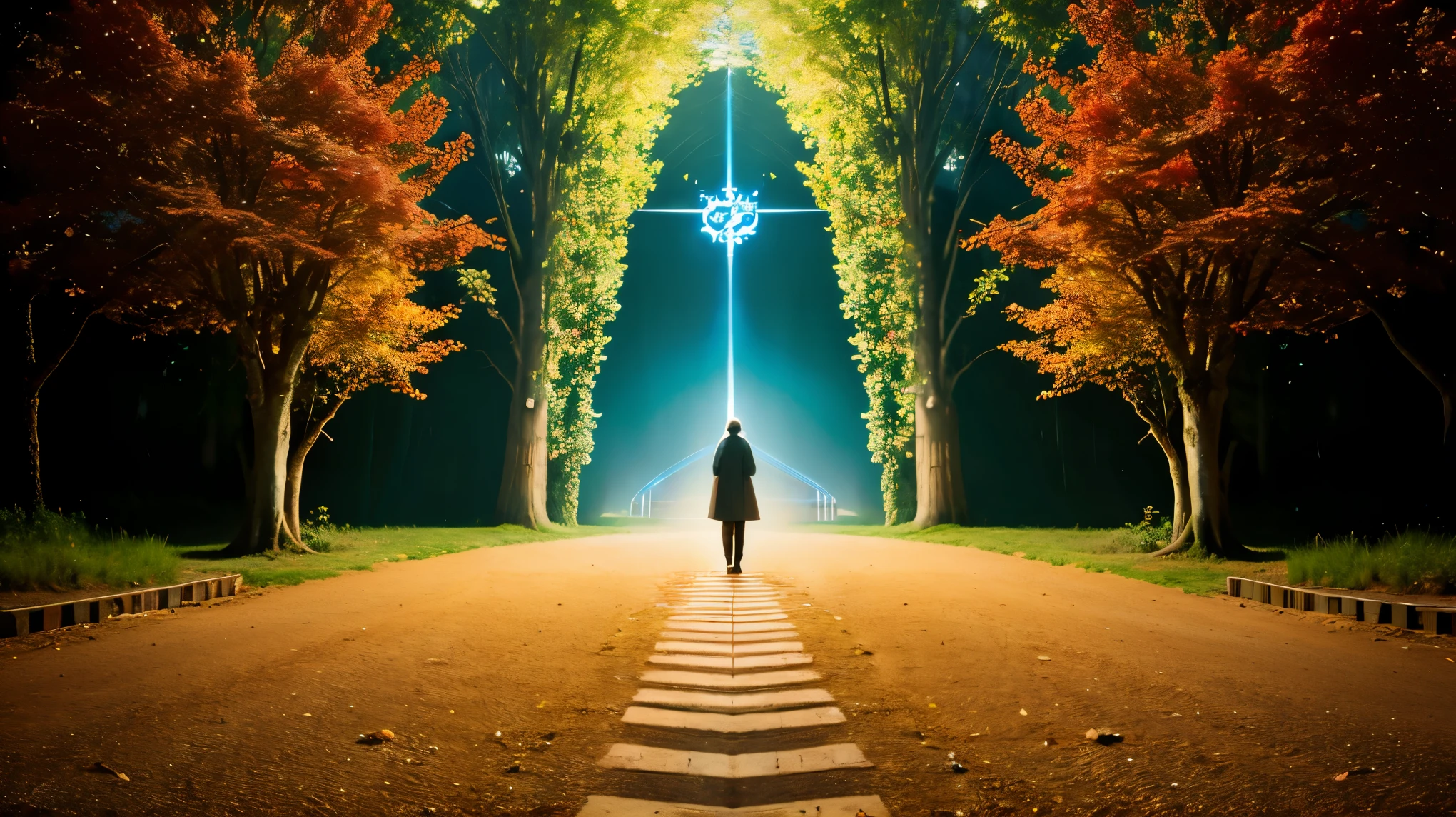 ((best quality)), ((masterpiece)), (detailed), A person standing at a crossroads, with paths leading to different spiritual symbols, representing choices and transformation