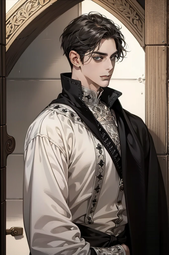 (masterpiece, Best quality:1.2), (absurd resolution, A high resolution, ultra detailed, detailed face), 1 man, Middle Ages, adult, Beautiful, tall muscular guy, broad shoulders, black short hair, grey eyes, to the waist, Looking at the viewer, One, half shot, detailed background, detailed face, Gothic, grin, serious face, arrogance,  high fantasy,, secrecy, under cover, (Drawers in the background), shadows, (Dutch corner), closed mouth, duke