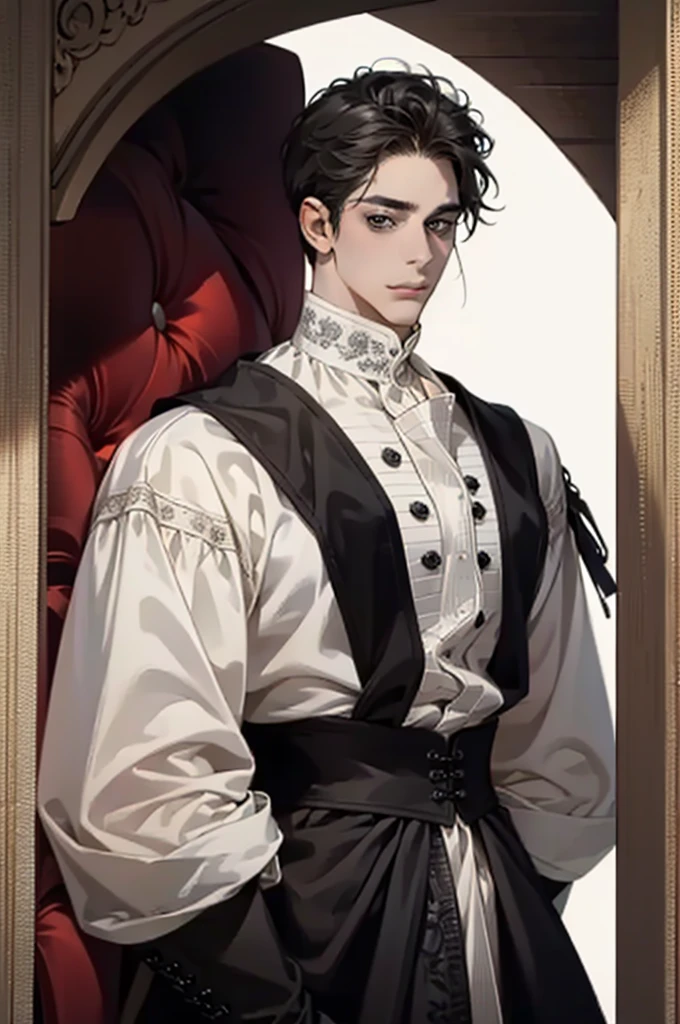 (masterpiece, Best quality:1.2), (absurd resolution, A high resolution, ultra detailed, detailed face), 1 man, Middle Ages, adult, Beautiful, tall muscular guy, broad shoulders, black short hair, grey eyes, to the waist, Looking at the viewer, One, half shot, detailed background, detailed face, Gothic, grin, serious face, arrogance, high fantasy,, secrecy, under cover, (Drawers in the background), shadows, (Dutch corner), closed mouth, duke