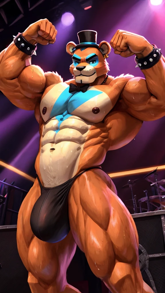 Glamrock Muscular adult Freddy flexing his arms wearing a small thong hiding his huge bulge on stage while sweaty