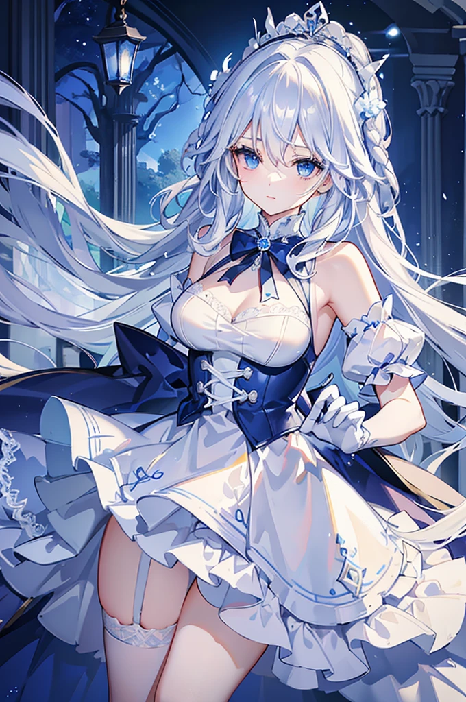 A woman with white hair and blue eyes、adult、Long, fluffy wavy hair、Braiding、Wearing hair ornaments、Princess、White gloves、blue and white lace dress、Blue and white ribbon、The dress is short in the front and long in the back、Garter Ring、Fantasy