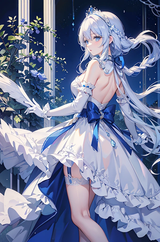 A woman with white hair and blue eyes、adult、Long, fluffy wavy hair、Braiding、Wearing hair ornaments、Princess、White gloves、blue and white lace dress、Blue and white ribbon、The dress is short in the front and long in the back、Garter Ring、Fantasy