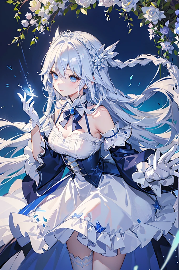 A woman with white hair and blue eyes、adult、Long, fluffy wavy hair、Braiding、Wearing hair ornaments、Princess、White gloves、blue and white lace dress、Blue and white ribbon、The dress is short in the front and long in the back、Garter Ring、Fantasy