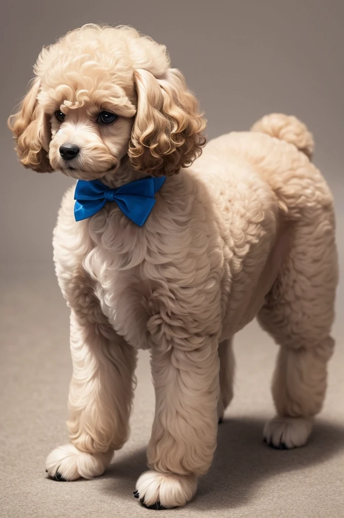 Describe a medium poodle puppy with blonde hair, with a bow and the dog is standing at a dance alone