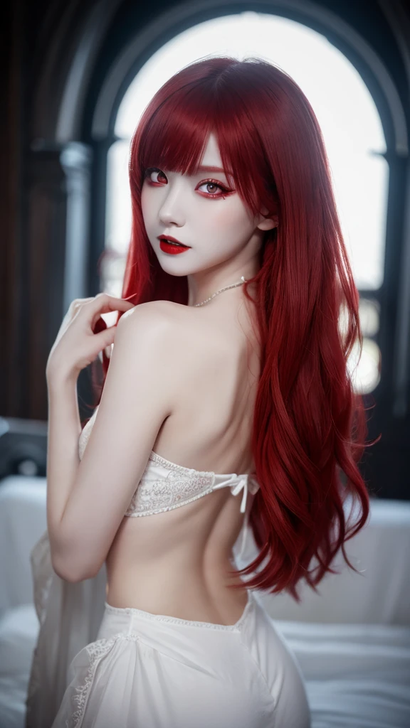 a vampire-like woman with red hair, red eyes and white skin