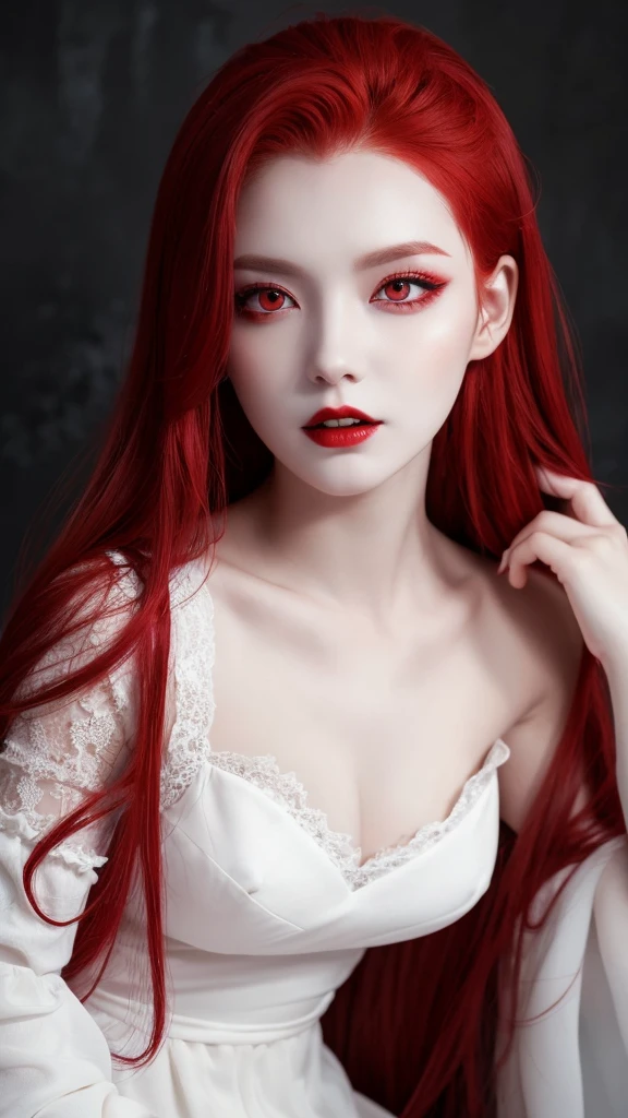 a vampire-like woman with red hair, red eyes and white skin