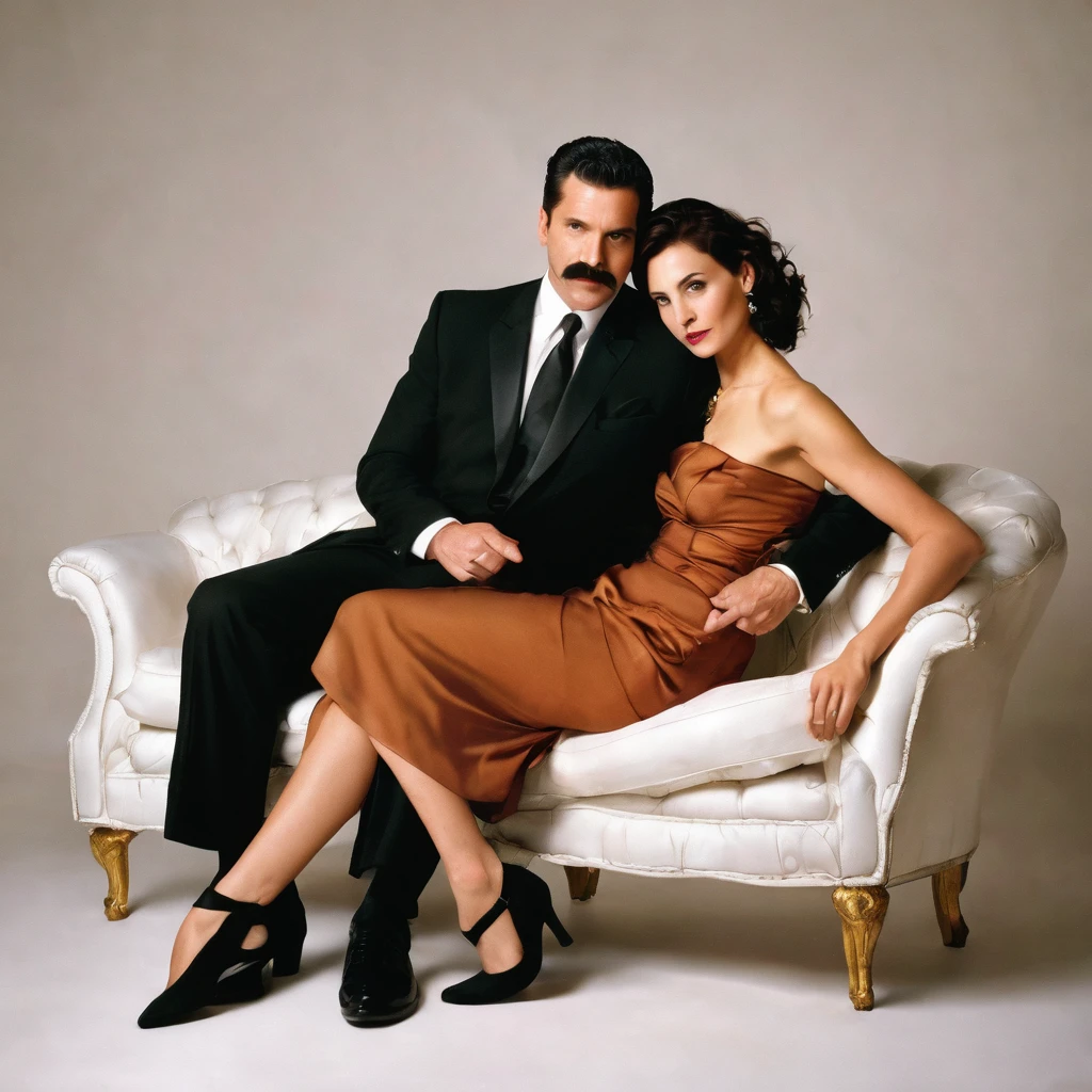 The man in his 45s with black very short hair and smooth face with moustache. The woman in her 45s with brown long wavy hair. The man is dressed in a black suit. The woman is wearing black strapless dress. The man and the woman are sitting on sofa with legs crossed. Hugging. White background. Studio. Posing for magazine cover. HDR. UHD. Cinematic.