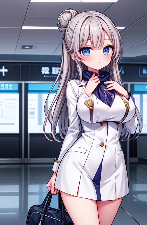 (work of art:1.2、highest quallity:1.2)、32k HDR、high resolution、(standing alone、1 girl、slender figure)、(Realistic style with Starlux Airlines uniform)、 (in the airport lobby, professional lighting)、A suitable woman, beautiful face,、(Starlux Airlines silver uniform:1.4)、(半袖のStarlux Airlines silver uniform)、(chest scarf)、breasts big、(long hair updo、hair bun)、dark brown hair、Long shot、((fine hand:2.0))、((Harmonious body proportions:1.5))、((normal limbs:2.0))、((normal finger:2.0))、((Delicate Eyes:2.0))、((normal eyes:2.0)))、Beautiful standing posture、ssmile