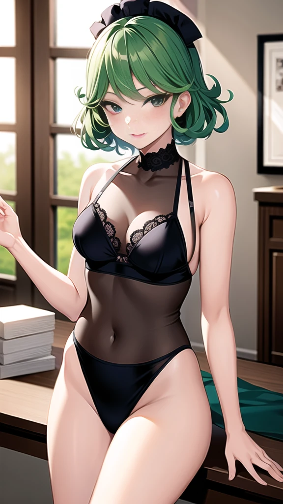 1 fille, Tatsumaki (rideau pelvien: 1.3) black transparent erotic lingerie, chef-d'artwork, art officiel, hyperfocus, sakimi zen (best quality: 1), (chef-d'artwork: 1), (Great detail: 1), ( collants: 1.2), 1 fille, Dodu, embarrassed to look at the audience, gonflement, petits seins, petits seins, large areola, Coup de jean, seulement, fond simple