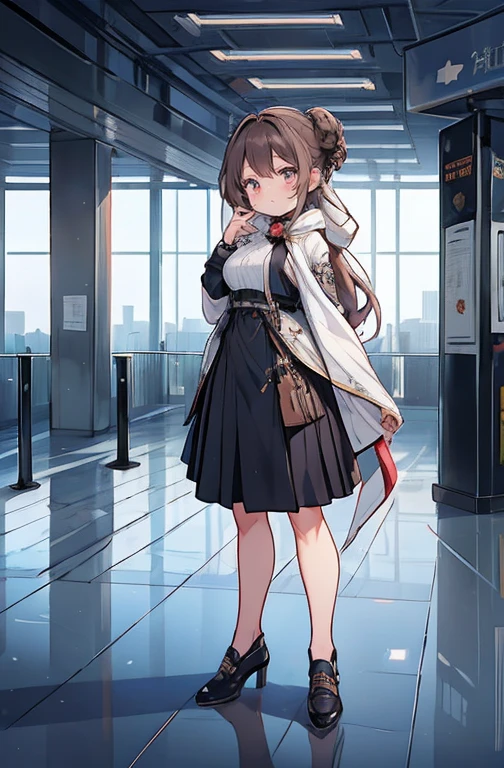 (work of art:1.2、highest quallity:1.2)、32k HDR、high resolution、(standing alone、1 girl、slender figure)、(Realistic style with Starlux Airlines uniform)、 (in the airport lobby, professional lighting)、A suitable woman, beautiful face,、(Starlux Airlines silver uniform:1.4)、(半袖のStarlux Airlines silver uniform)、(chest scarf)、breasts big、(long hair updo、hair bun)、dark brown hair、Long shot、((fine hand:2.0))、((Harmonious body proportions:1.5))、((normal limbs:2.0))、((normal finger:2.0))、((Delicate Eyes:2.0))、((normal eyes:2.0)))、Beautiful standing posture、ssmile