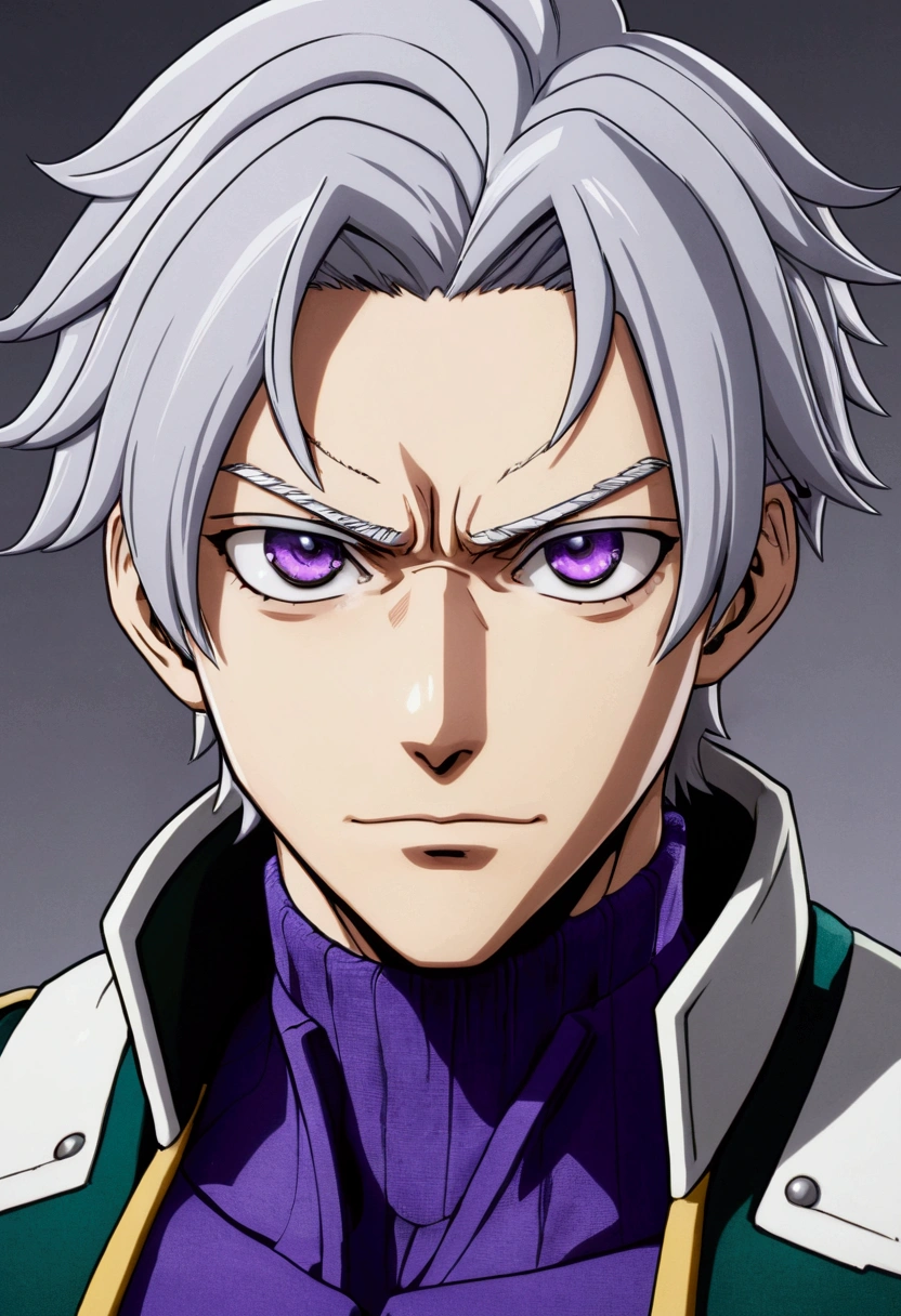 Male character belonging to the my Hero Academia universe with gray hair and eyes, one purple and one extremely pale gray, and a thin complexion.