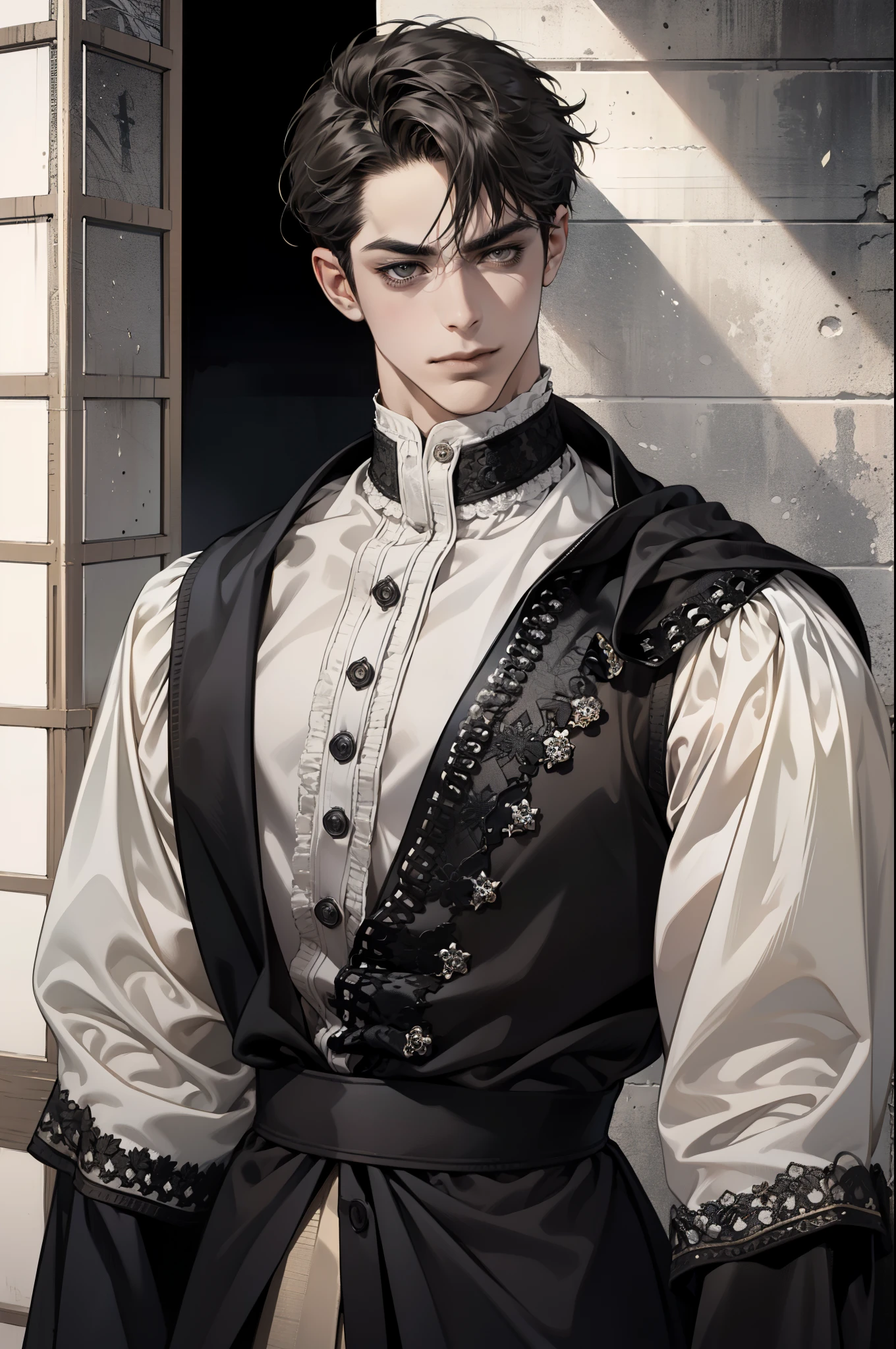(masterpiece, Best quality:1.2), (absurd resolution, A high resolution, ultra detailed, detailed face), 1 man, Middle Ages, adult, Beautiful, tall muscular guy, broad shoulders, black short hair, grey eyes, to the waist, Looking at the viewer, One, half shot, detailed background, detailed face, Gothic, grin, serious face, arrogance,  high fantasy,, secrecy, under cover, (Drawers in the background), shadows, (Dutch corner), closed mouth, duke