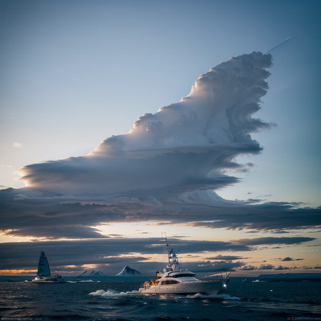 amazing polar stratospheric clouds over Iceland and a white contrasting yacht --v 6.0