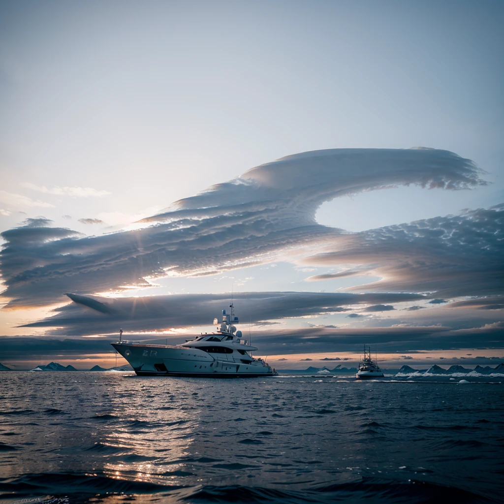 amazing polar stratospheric clouds over Iceland and a white contrasting yacht --v 6.0