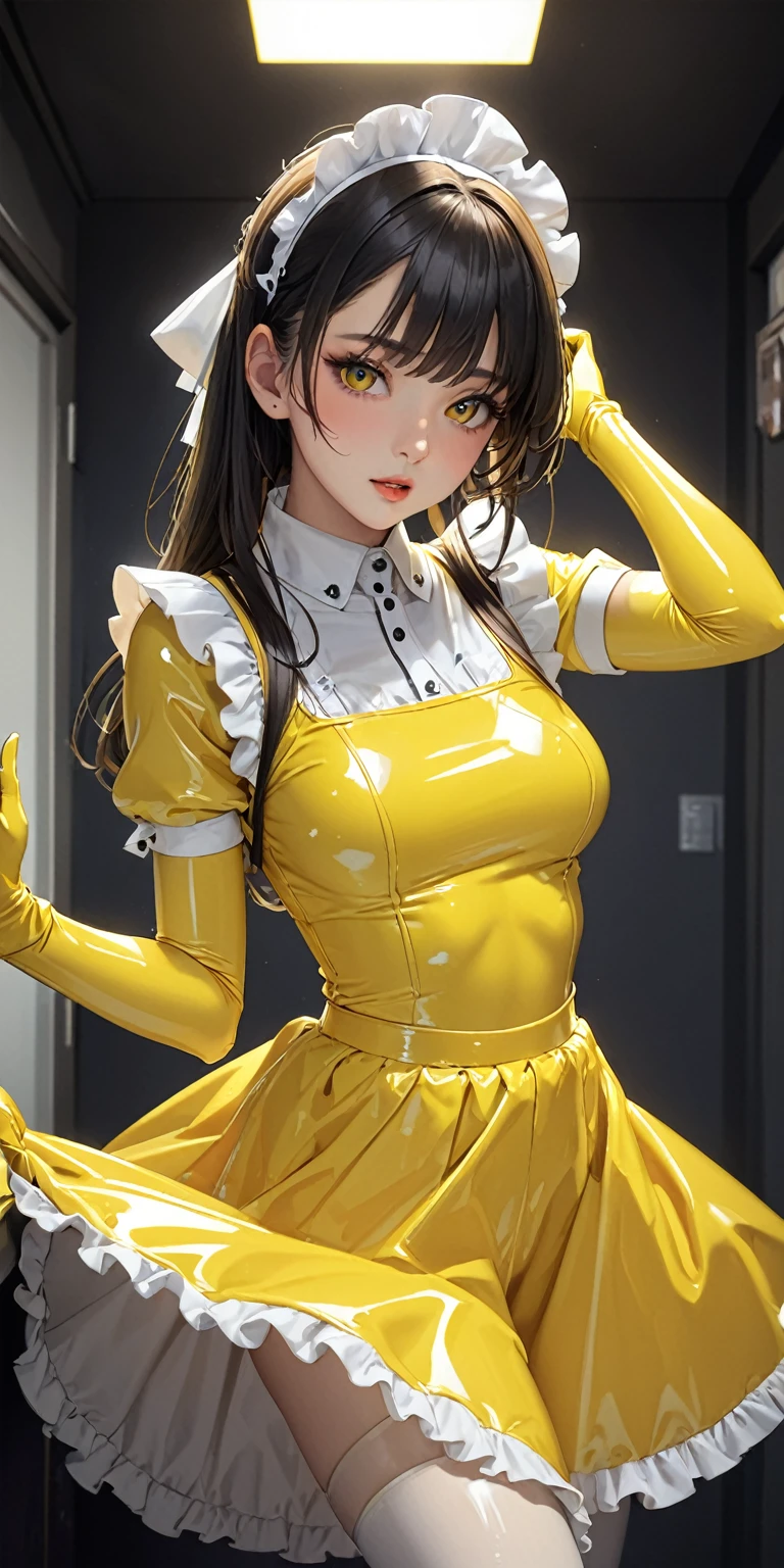 Portraiture、(masterpiece,Highest quality,Ultra-high resolution),Japanese women, (((Very beautiful 25 year old girl))),(Bright yellow latex maid outfit)、((Bright yellow latex long skirt))、(Bright yellow long sleeve latex shirt)、Bright yellow latex gloves、Bright yellow latex socks、Bright yellow latex bodysuit、Frills、The clothes fit snugly to the body、Latex is very shiny、Dark Room、