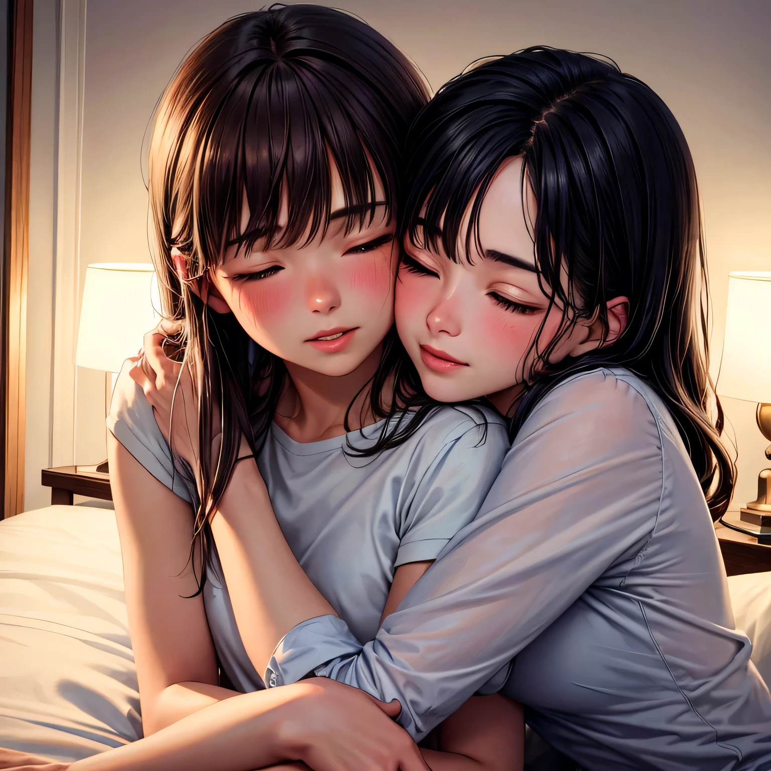 (best quality, highres, portrait), passionate,  boy kissing woman, lips touching, hugging tight, blushing intensely, eyes closed, bed, night time, candles lit
