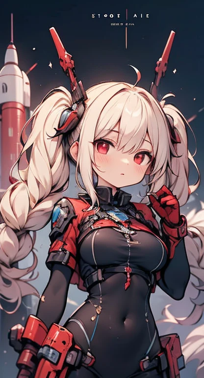 Excellent，work of art，centred, high resolution，highest quallity，hiper HD，very detailled，awardwinning，16K，standing alone，（trunk），anatomical correct，Cute cyberpunk girl，upper body photos、cute face，，blond、long hair、twin tails、braid, thin line，（（scarlet eyes）），long eyelashes，drooping eyelids，Caucasian skin，((shoot head on:1.5)), ((skintight:1.5)), Top of the clock、rocket ship , (breasts big),