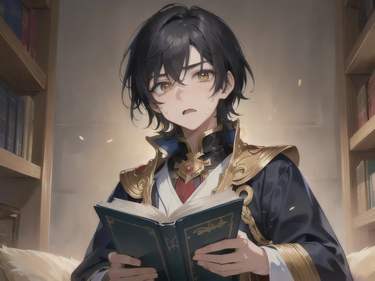 ((Highest quality)), ((masterpiece)), (detailed), ((scared)),((eyes widen)),((15 years old)),young boy,(black hair),(gold eye),((fantasy)),(Human),((upper body shot)),(アニメ),with a big magic book,medium hair,((noble)),cold sweat,(no background)


