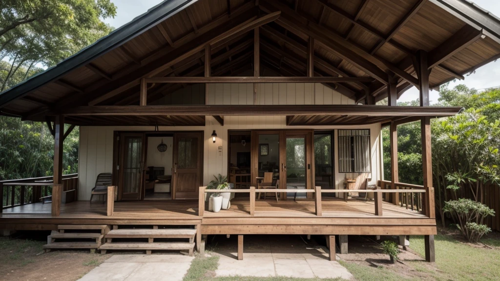 brazilian style farmhouse, brazilian style cottage, brazilian style forest house, a close-up of a small house with balcony and covered porch, with front porch, balconies, mid century modern, exterior photo, impeccable and clean design, wooden house, wood details, clean and immaculate design, shaded, luxurious wooden house, front view, Subtle Details, Forward Facing, Wooden House, Detailed Ambience, Rustic Ambiance, Vintage Vibe
