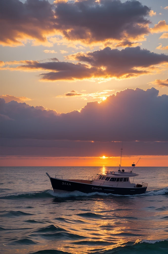 Painting of a sunset at sea with a small boat.