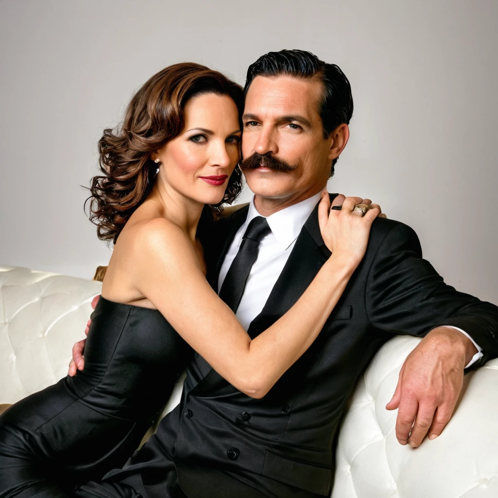 The man in his 45s with black very short hair and smooth face with moustache. The woman in her 45s with brown long wavy hair. The man is dressed in a black suit. The woman is wearing black strapless dress. The man and the woman are sitting on sofa with legs crossed. Hugging. White background. Studio. Posing for magazine cover. HDR. UHD. Cinematic.