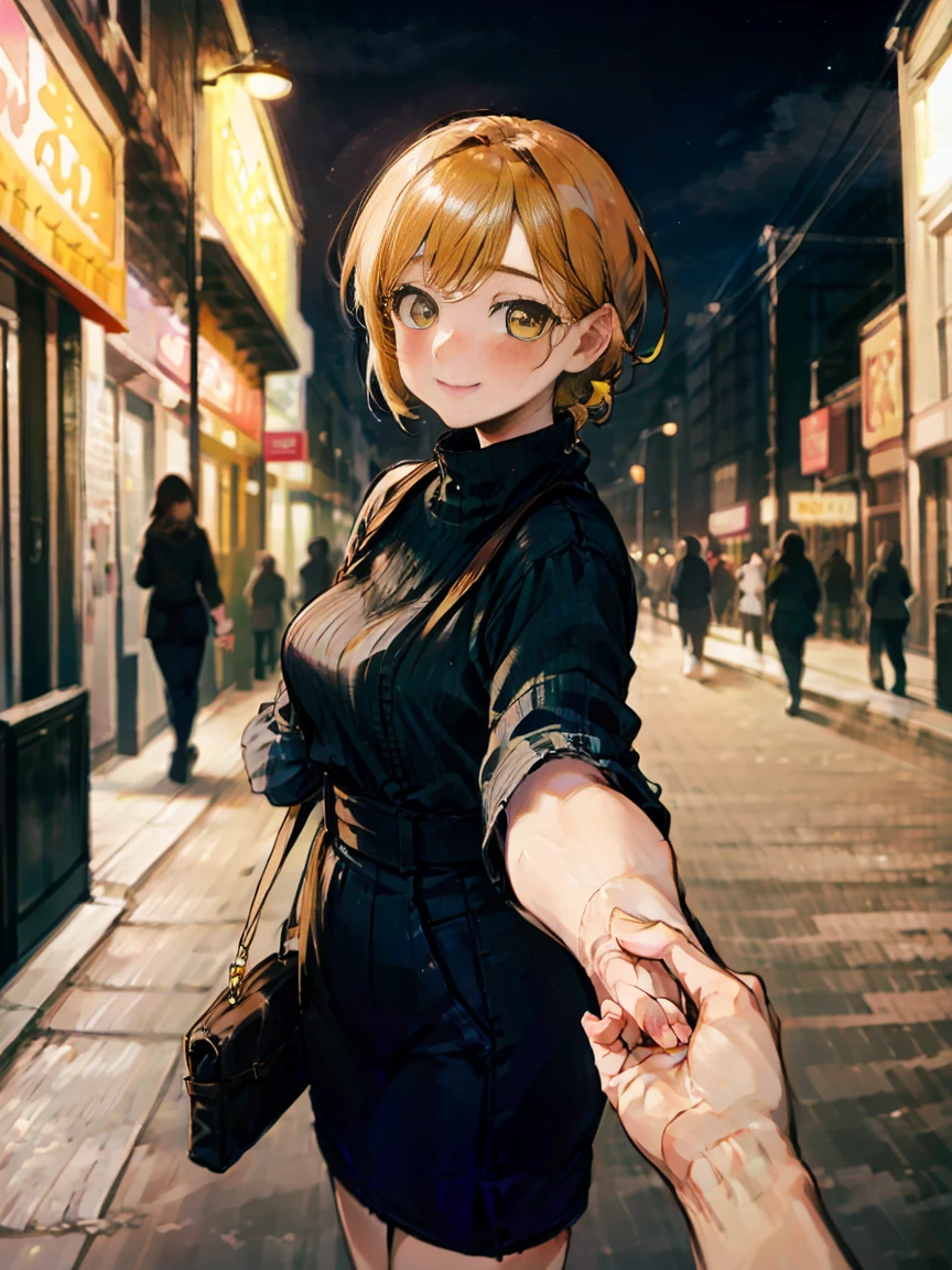 SFW, masterpiece, standing (woman 1), (((cute pose)), ((casual clothes))), yellow eyes,  pouder blue hair, cute blush, (city), wind, blush, ((milf)), night, busy street, turtleneck, (holding hands pov:1.6), perfect hands, purse