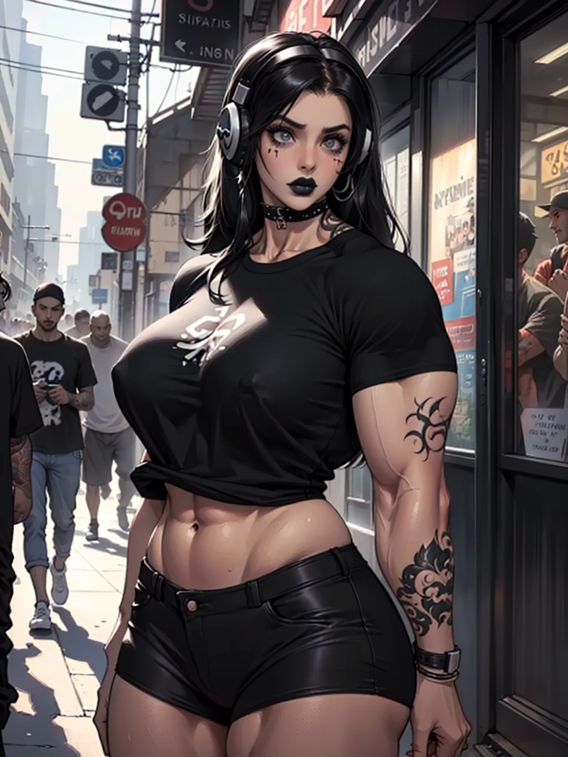 masterpiece, realistic, detailed, young woman, (hypermuscle:1.7), long straight black hair, goth, ((loose oversized black band tshirt), (innocent expression:1.2), black lipstick, small waist, massive thighs, headphones, tattoos, (detailed face, beautiful face, realistic face), (huge lips) walking, crowded street
