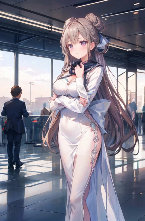 (work of art:1.2、highest quallity:1.2)、32k HDR、high resolution、(standing alone、1 girl、slender figure)、(Realistic style with Starlux Airlines uniform)、 (in the airport lobby, professional lighting)、A suitable woman, beautiful face,、(Starlux Airlines silver uniform:1.4)、(半袖のStarlux Airlines silver uniform)、(chest scarf)、breasts big、(long hair updo、hair bun)、dark brown hair、Long shot、((fine hand:2.0))、((Harmonious body proportions:1.5))、((normal limbs:2.0))、((normal finger:2.0))、((Delicate Eyes:2.0))、((normal eyes:2.0)))、Beautiful standing posture、ssmile