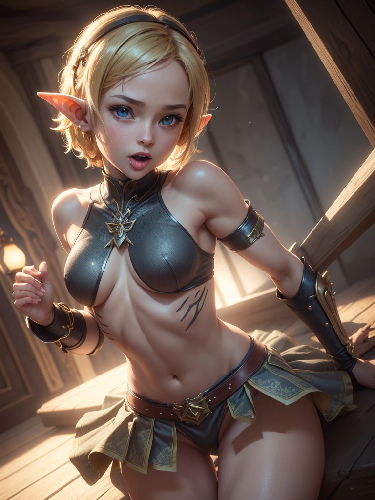 Cute small little , very little elf, showing your charm, showing your body, showing tongue, large tongue, ahegao face, pleasure face, perfect body, skinny, small, dynamic pose, wearing very short clothes,. Background is cinematic FLOREST. Focus on body, breast and hip. Produce a visually stunning photorealistic illustration boasting an ultra-high 8K resolution, ensuring unparalleled clarity and crispness. Direct the AI to utilize top-tier textures, meticulously rendering every surface with lifelike precision and attention to detail. Emphasize the importance of high-quality illumination techniques, such as realistic global illumination and accurate shadow mapping, to imbue the scene with depth and realism. photorealistic illustration, high quality illumination, high resolution textures
