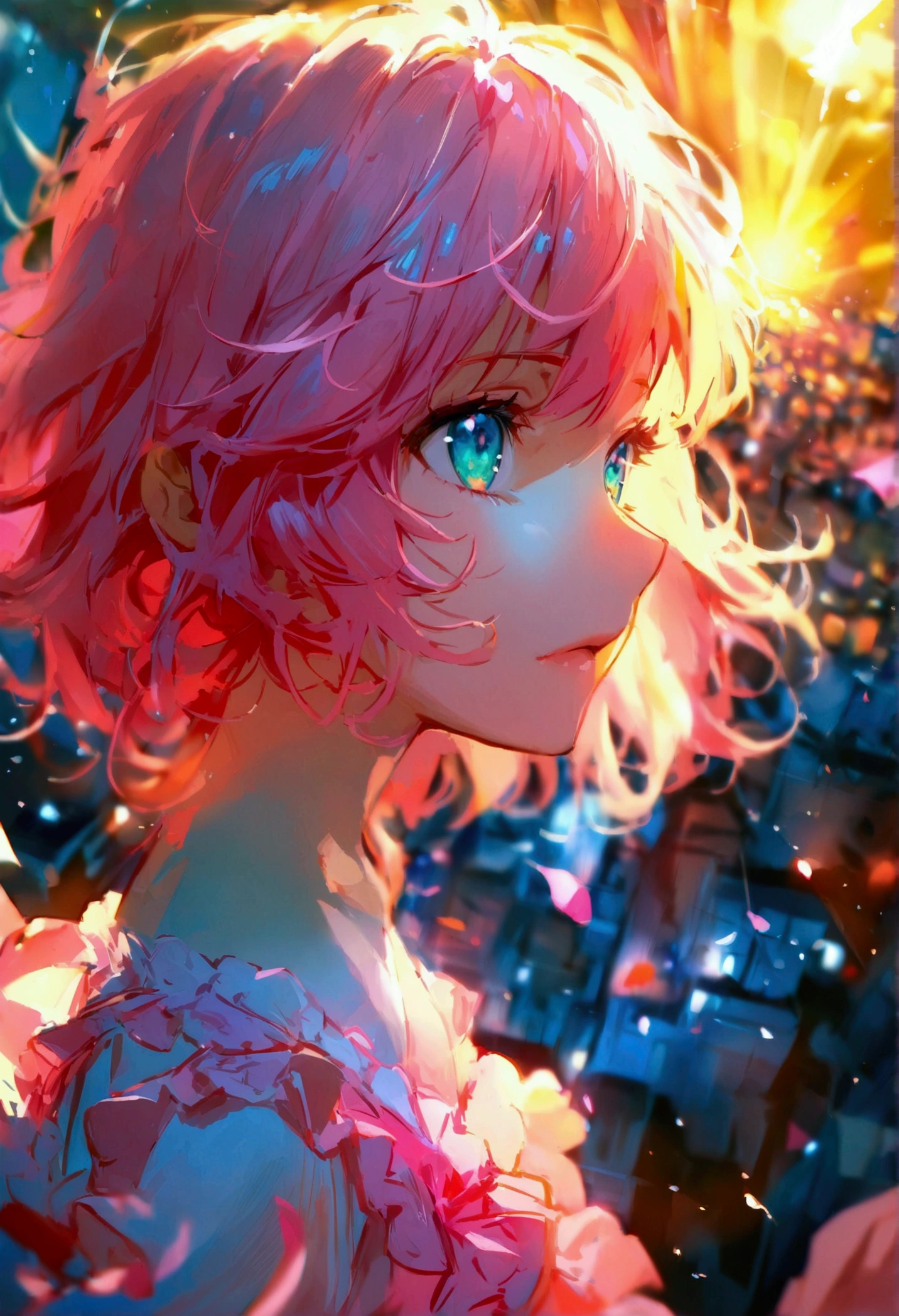 shortening, Depth of written boundary, masterpiece, Best Quality, 22 year old girl, Pink Hair, Teal Eye, Medium Hair, floating,Pink rays, alone, Watching the audience,Pink Dress, flight, Dim sunshine,