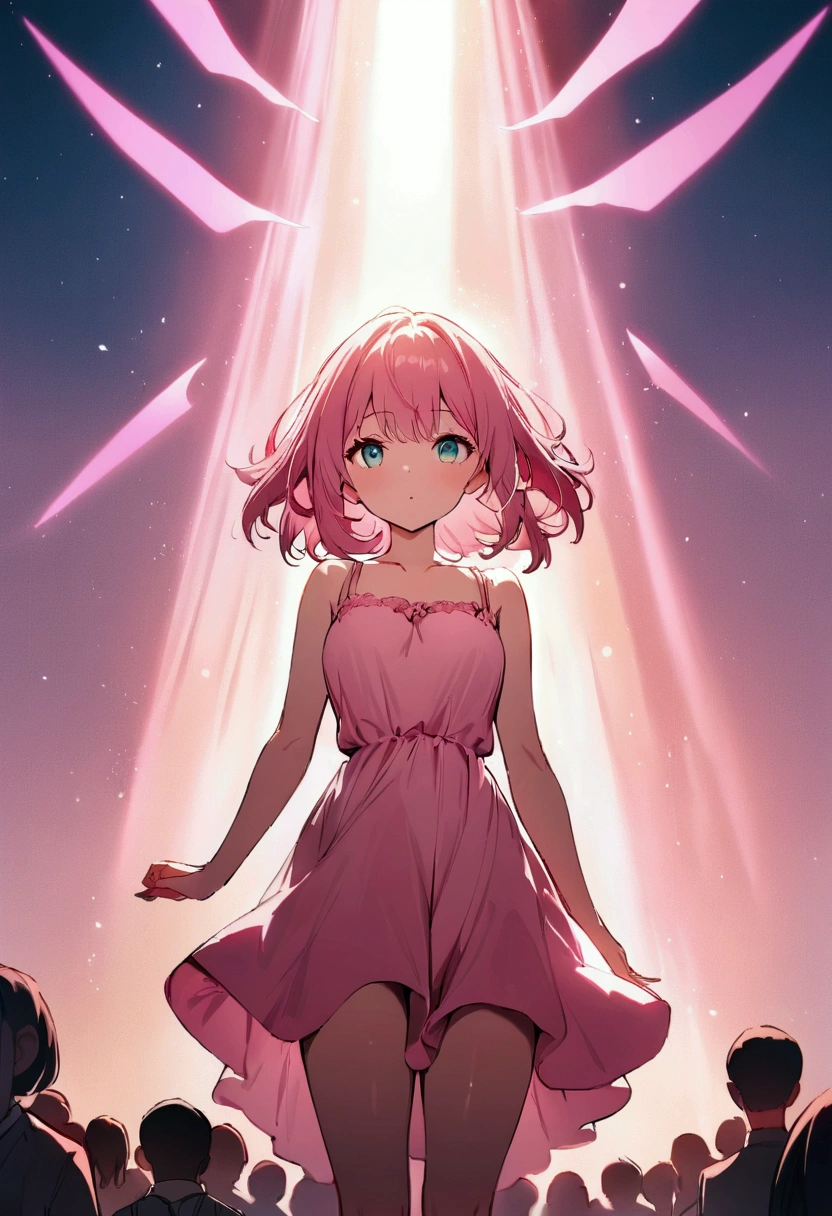shortening, Depth of written boundary, masterpiece, Best Quality, 22 year old girl, Pink Hair, Teal Eye, Medium Hair, floating,Pink rays, alone, Watching the audience,Pink Dress, flight, Dim sunshine,