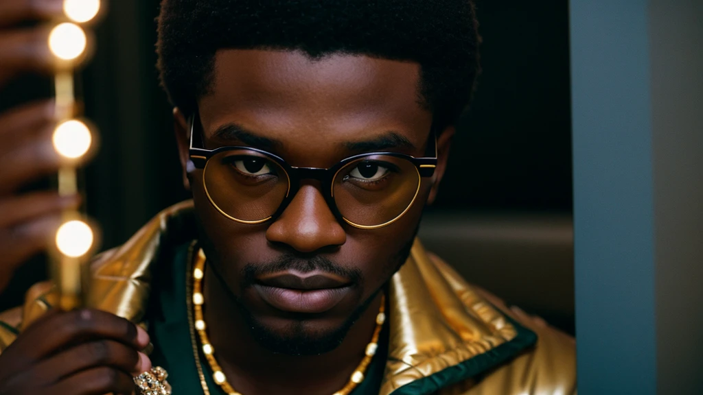 young black men wearing gucci with gold diamonds glasses , 4:3, photo 12k resolution hash flash lighting, shot on ALEXA 65, Velvia 100 , underexposed, Voigtlnder Nokton 50mm f1.1, in the style of Martin Nikon Z 8 with Zoom Lens | with 24-120mm