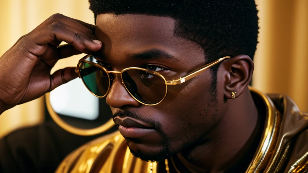 young black men wearing gucci with gold diamonds glasses , 4:3, photo 12k resolution hash flash lighting, shot on ALEXA 65, Velvia 100 , underexposed, Voigtlnder Nokton 50mm f1.1, in the style of Martin Nikon Z 8 with Zoom Lens | with 24-120mm