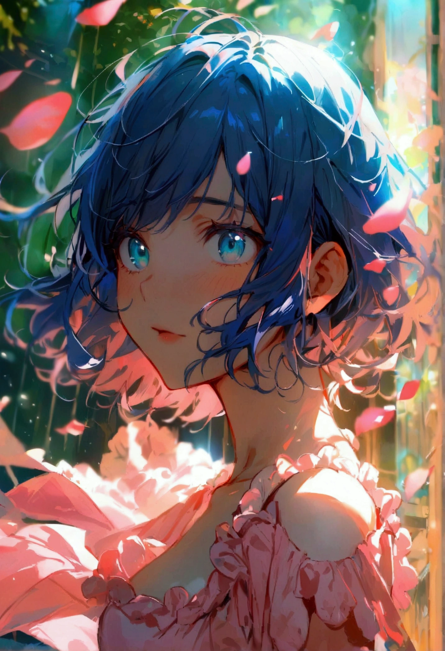 shortening, Depth of written boundary, masterpiece, Best Quality, 22 year old girl, Navy Blue Hair, Teal Eye, Medium Hair, floating,Pink rays, alone, Watching the audience,Pink Dress, flight, Dim sunshine,