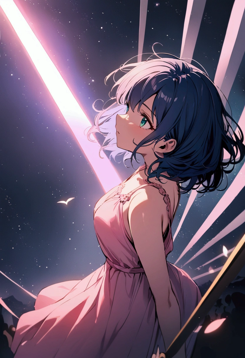 shortening, Depth of written boundary, masterpiece, Best Quality, 22 year old girl, Navy Blue Hair, Teal Eye, Medium Hair, floating,Pink rays, alone, Watching the audience,Pink Dress, flight, Dim sunshine,