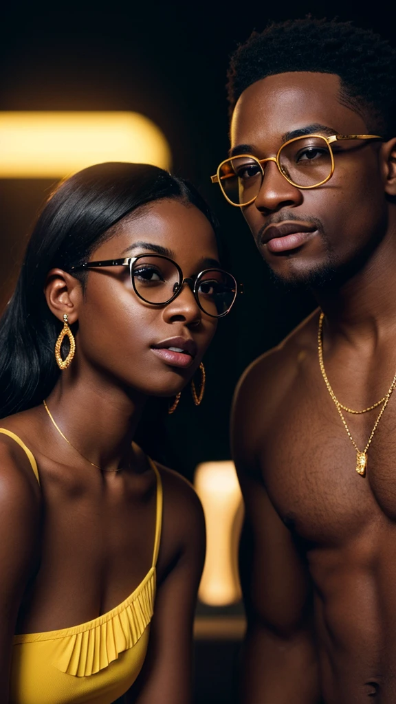 young black men and woman with gold diamonds glasses , 4:3, photo 12k resolution hash flash lighting, shot on ALEXA 65, Velvia 100 , underexposed, Voigtlnder Nokton 50mm f1.1, in the style of Martin Nikon Z 8 with Zoom Lens | with 24-120mm