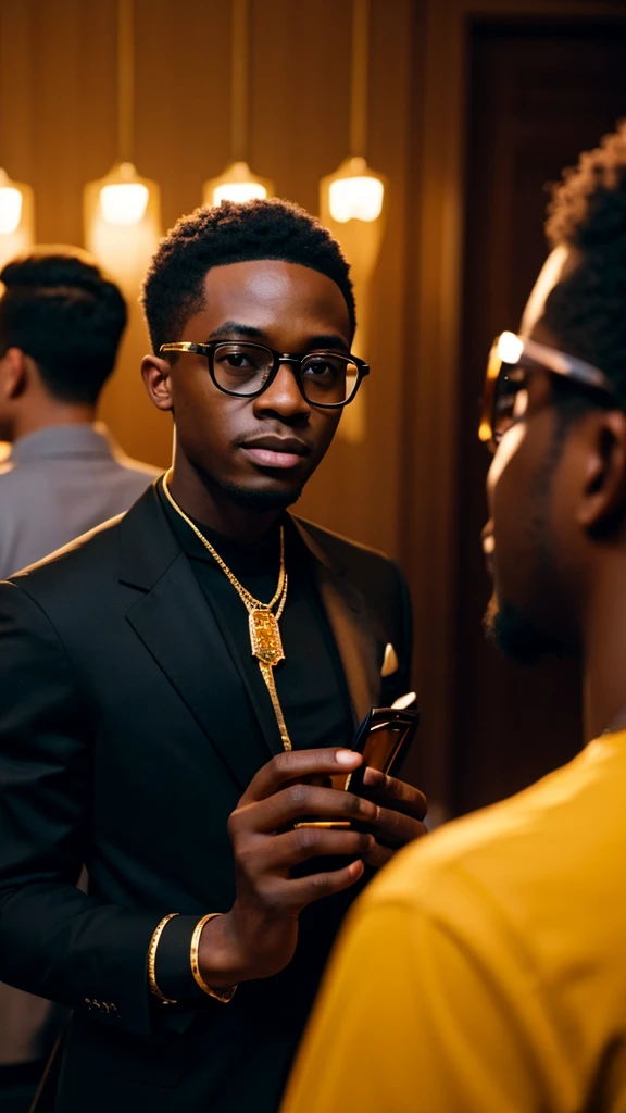 young black men and woman with gold diamonds glasses , 4:3, photo 12k resolution hash flash lighting, shot on ALEXA 65, Velvia 100 , underexposed, Voigtlnder Nokton 50mm f1.1, in the style of Martin Nikon Z 8 with Zoom Lens | with 24-120mm