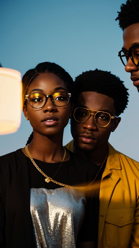 young black men and woman with gold diamonds glasses , 4:3, photo 12k resolution hash flash lighting, shot on ALEXA 65, Velvia 100 , underexposed, Voigtlnder Nokton 50mm f1.1, in the style of Martin Nikon Z 8 with Zoom Lens | with 24-120mm
