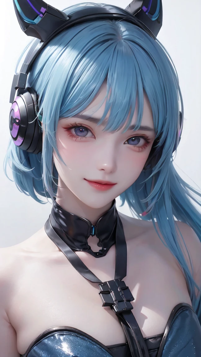 A girl looking at the viewer in a close-up A beautiful young girl with vibrant blue hair and eyes, wearing futuristic-looking headphones, 8K, high quality, simple background, good pose