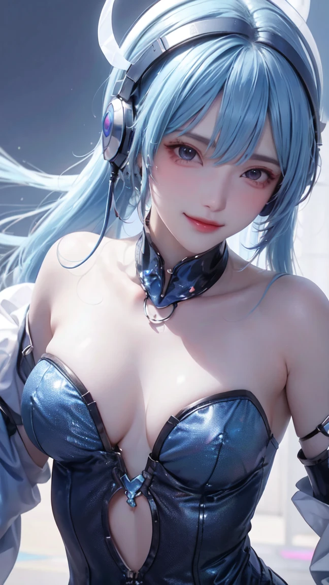 A girl looking at the viewer in a close-up A beautiful young girl with vibrant blue hair and eyes, wearing futuristic-looking headphones, 8K, high quality, simple background, good pose