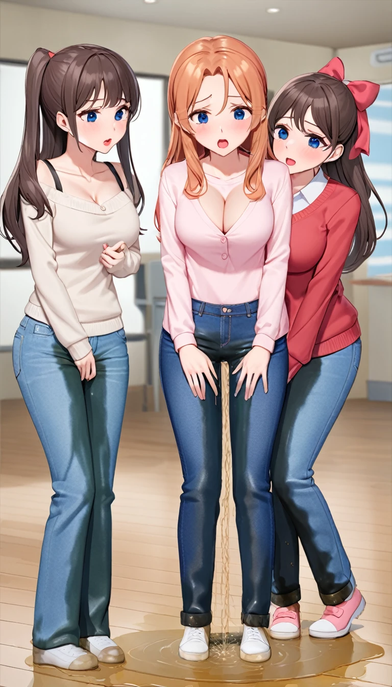 ((best quality, masterpiece:1.3, 8K)), (detailed), highly detailed face and skin texture, detailed eyes, full body, (slender body:1.1), (a group of 3 girls:1.5), 25 years old, white skin, bright lips, worried, embarrassed, panicking, long hair, (forehead:1.0), large breast, (jeans pants:1.2, blue jeans:1.2), (wetting themself:2.0), desperation:1.2, peeing jeans,